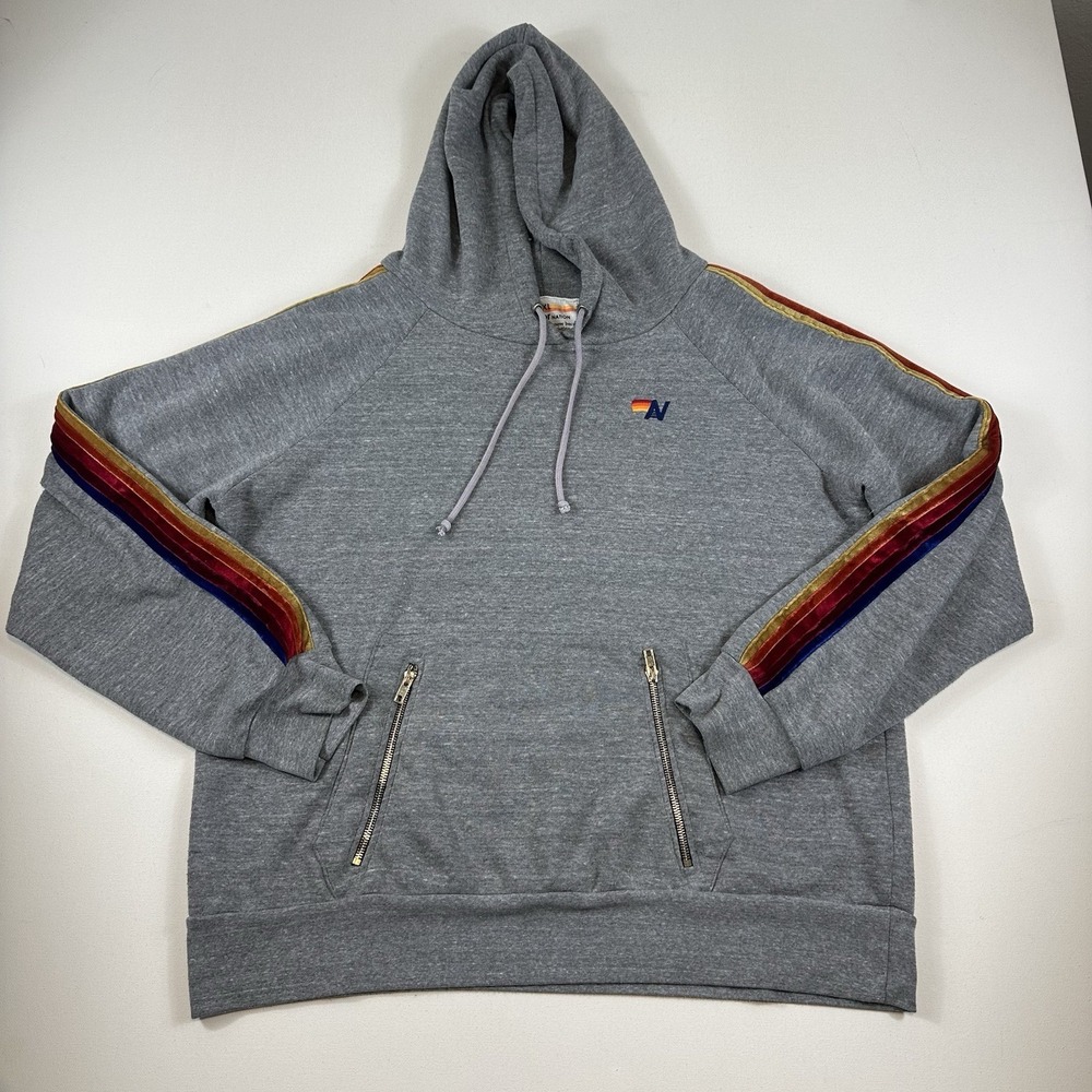 Aviator Nation Womens Heather Gray Velvet Stripe Pullover‎ Hoodie Size XL
